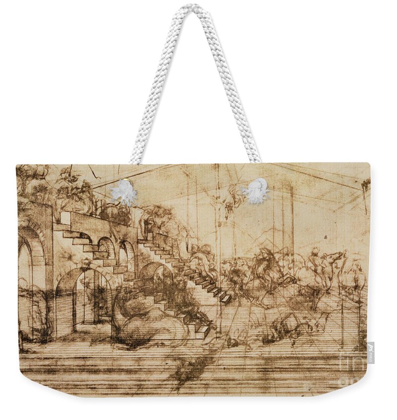 Staircase Weekender Tote Bag featuring the drawing Perspective Study for the Background of the Adoration of the Magi by Leonardo da Vinci