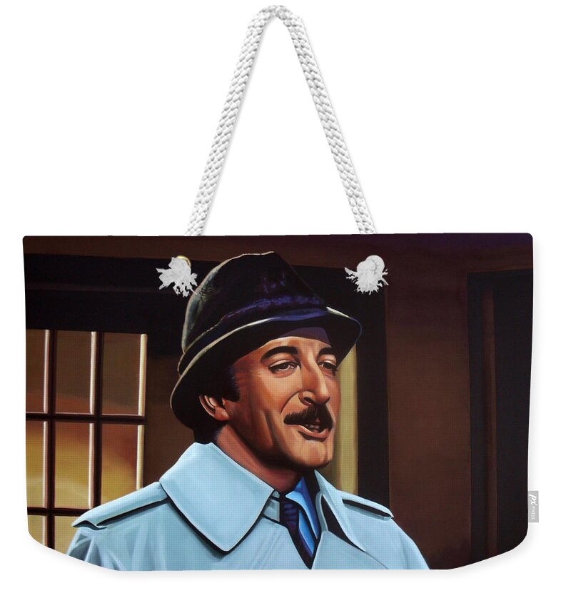 Peter Sellers Weekender Tote Bag featuring the painting Peter Sellers as inspector Clouseau by Paul Meijering
