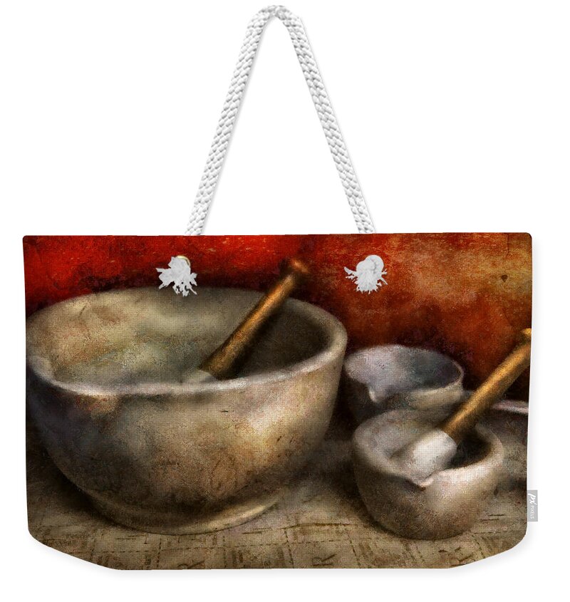 Hdr Weekender Tote Bag featuring the photograph Pharmacist - Pestle and son by Mike Savad