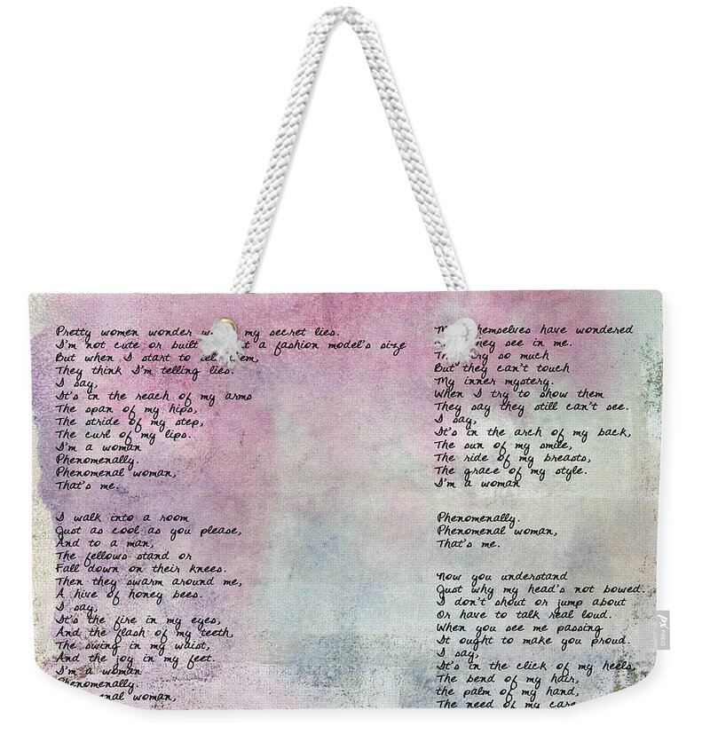 Wright Fine Art Weekender Tote Bag featuring the digital art Phenomenal Woman - Watercolor Rustic by Paulette B Wright