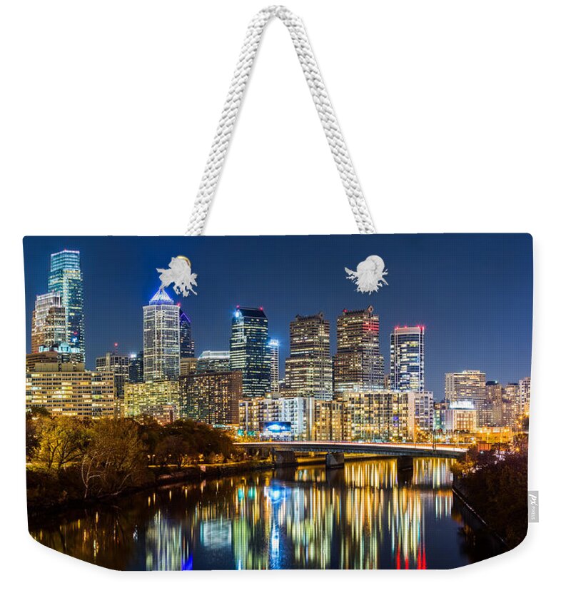 America Weekender Tote Bag featuring the photograph Philadelphia cityscape panorama by night by Mihai Andritoiu