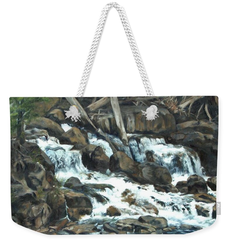 Snake River Weekender Tote Bag featuring the painting Picnic at the Falls by Lori Brackett