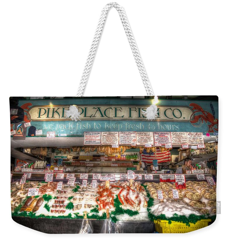 Fish Weekender Tote Bag featuring the photograph Pike Place Fish Company II by Spencer McDonald