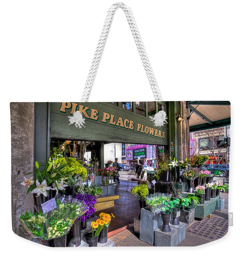 Seattle Weekender Tote Bag featuring the photograph Pike Place Flowers by Spencer McDonald