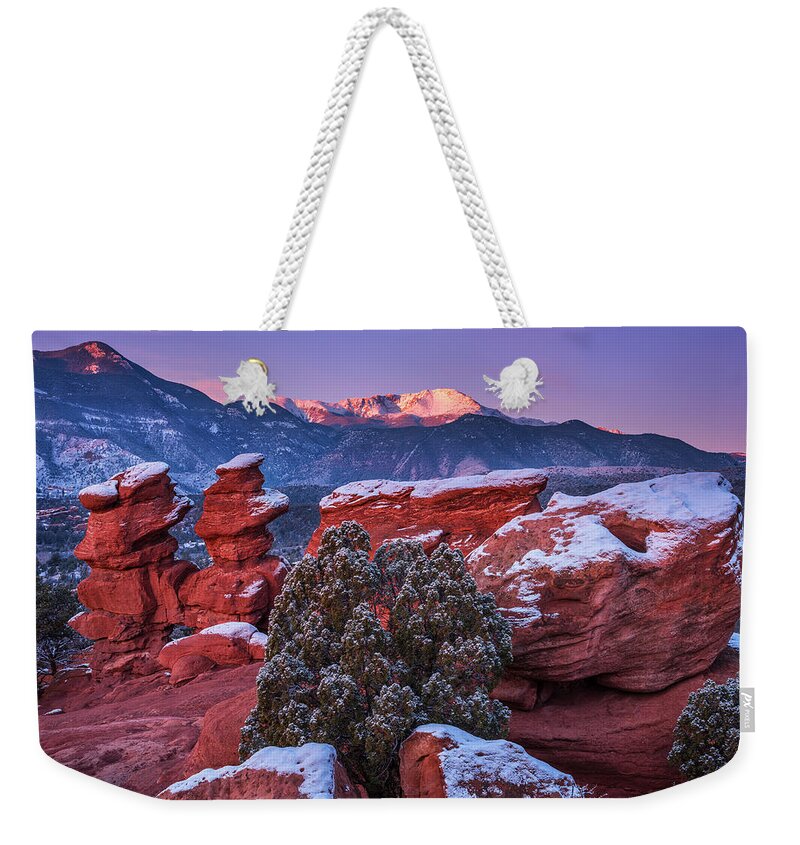 Mountain Weekender Tote Bag featuring the photograph Pikes Peak Sunrise by Darren White