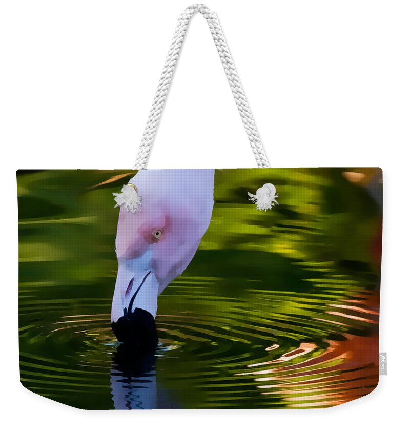 Pink Weekender Tote Bag featuring the photograph Pink Flamingo Ripples and Reflection by Ginger Wakem