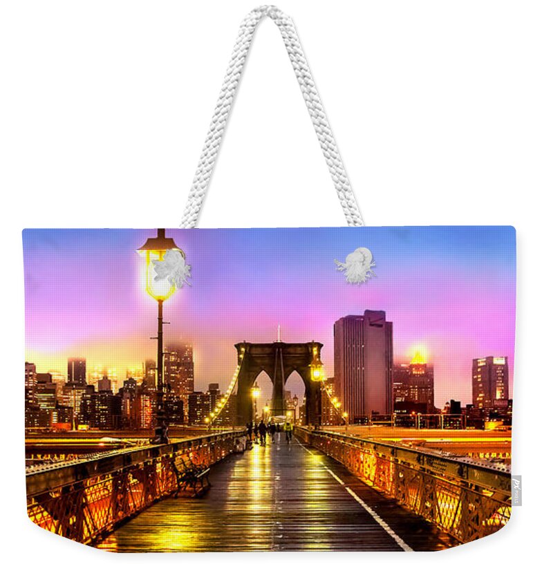 Brooklyn Bridge Weekender Tote Bag featuring the photograph Pink Fog Of New York City by Az Jackson