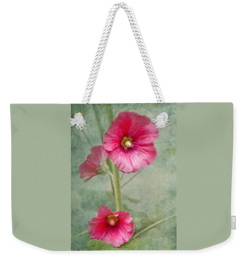 Hollyhock Weekender Tote Bag featuring the photograph Pink Hollyhocks by Lena Auxier