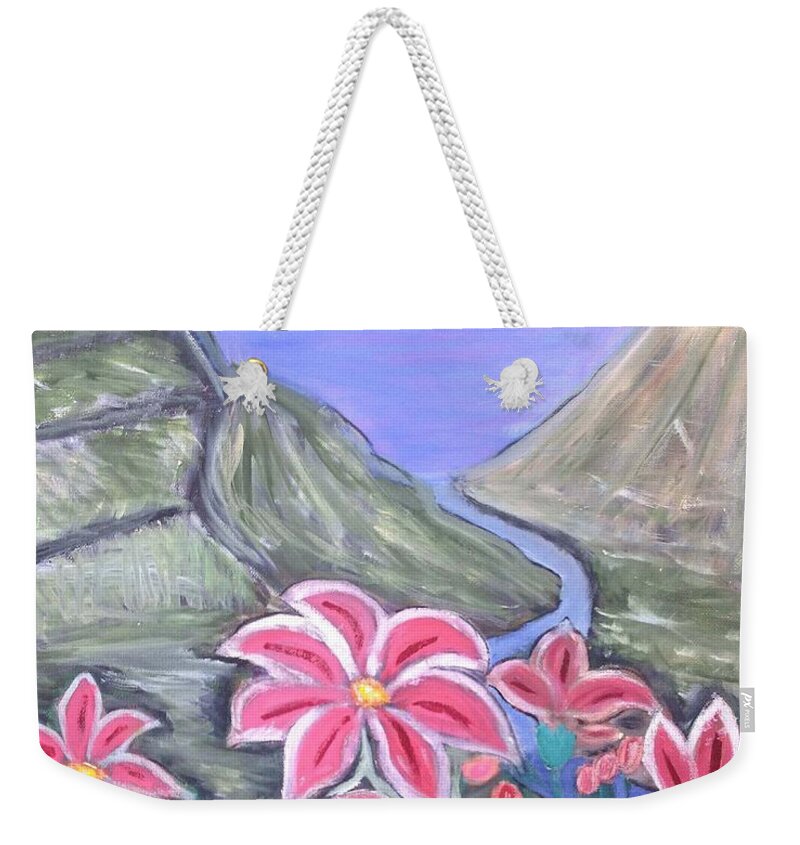 Pink Flowers Weekender Tote Bag featuring the painting Pink Lillies by Suzanne Surber