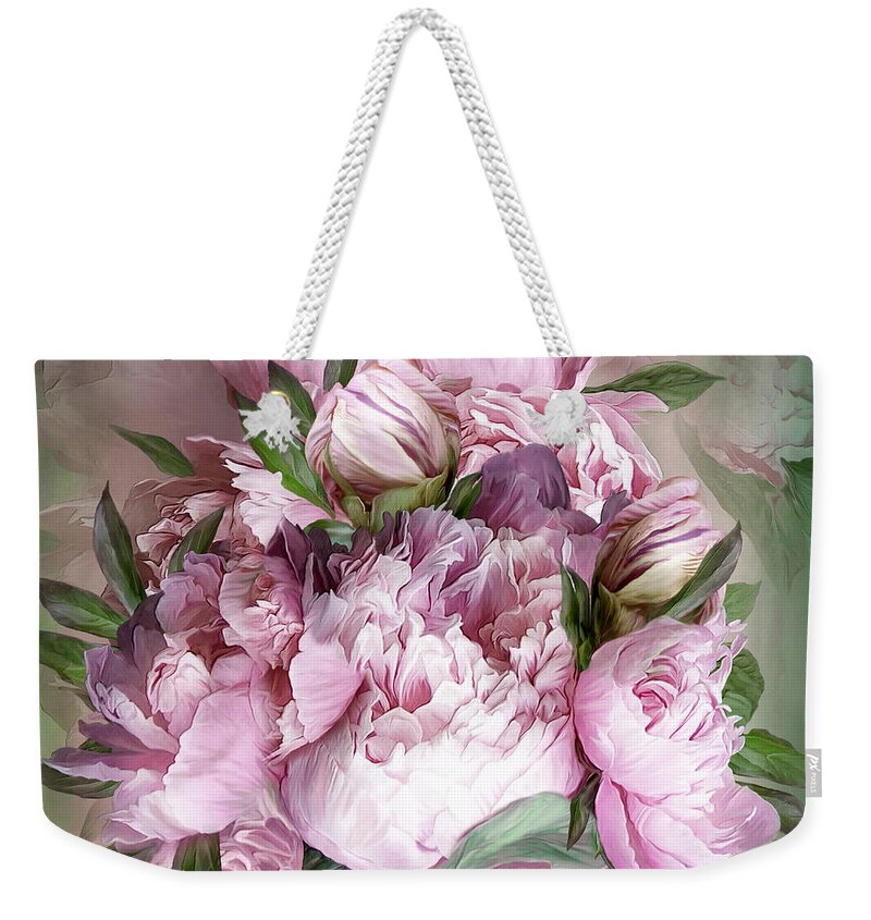 Peonies Weekender Tote Bag featuring the mixed media Pink Peonies Bouquet - Square by Carol Cavalaris