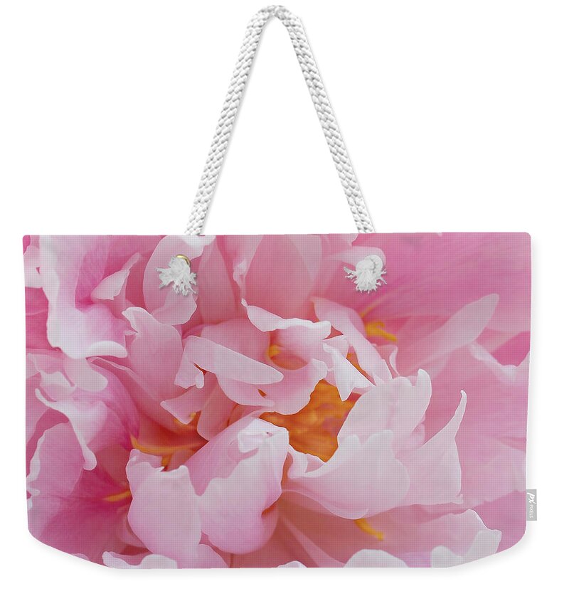 Peony Weekender Tote Bag featuring the photograph Pink Peony Flower Waving Petals by Jennie Marie Schell