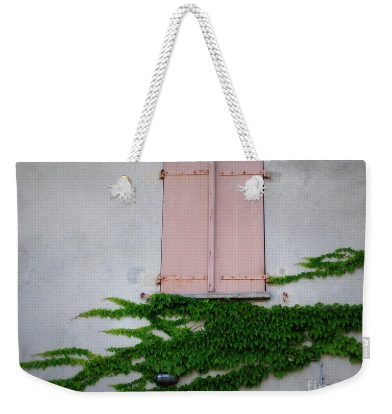 Doors And Windows Weekender Tote Bag featuring the photograph Pink Shutters and Green Vines by Lainie Wrightson