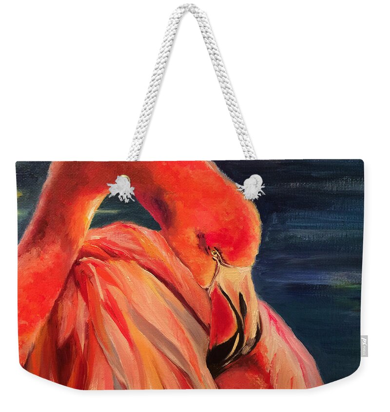 Flamingo Weekender Tote Bag featuring the painting Pink Sunset by Ksenia VanderHoff