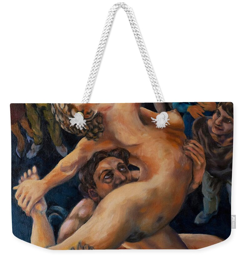 Pirouette Weekender Tote Bag featuring the painting Pirouette on a bicycle seen from above by Peregrine Roskilly