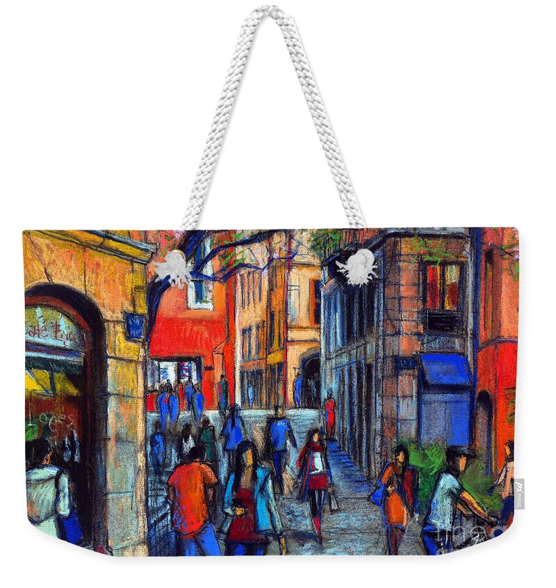 The Place Du Petit College In Lyon Weekender Tote Bag featuring the pastel Place Du Petit College In Lyon by Mona Edulesco