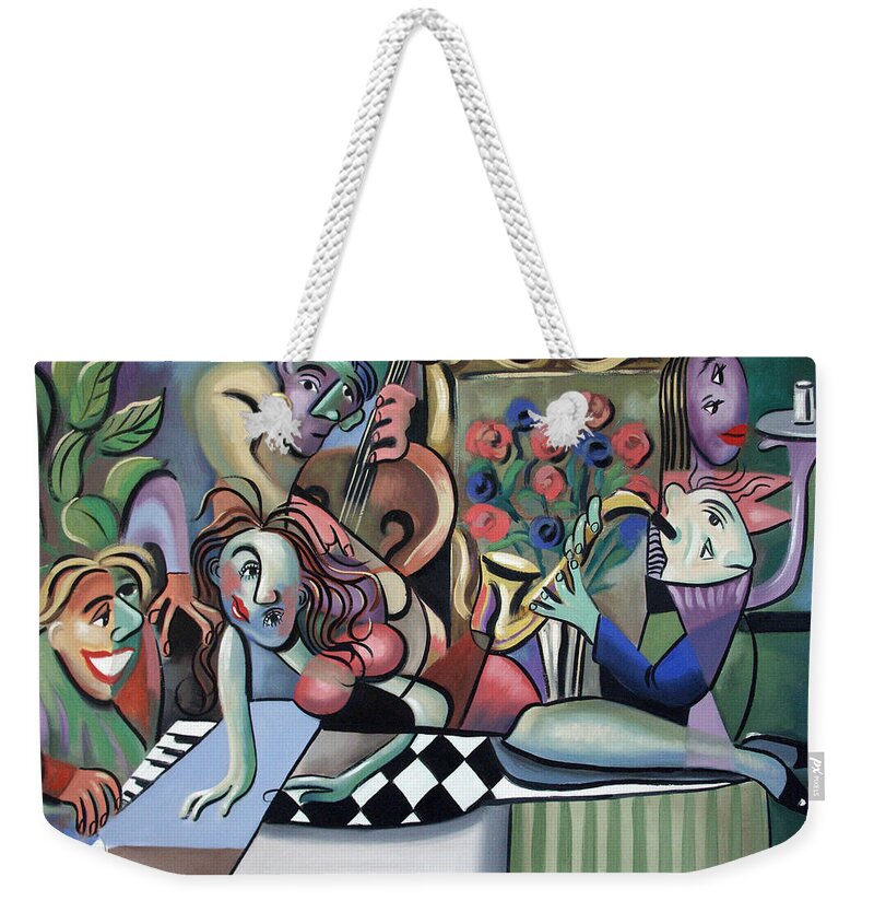Fridays At Bernies Framed Prints Weekender Tote Bag featuring the painting Play It Again Sam by Anthony Falbo