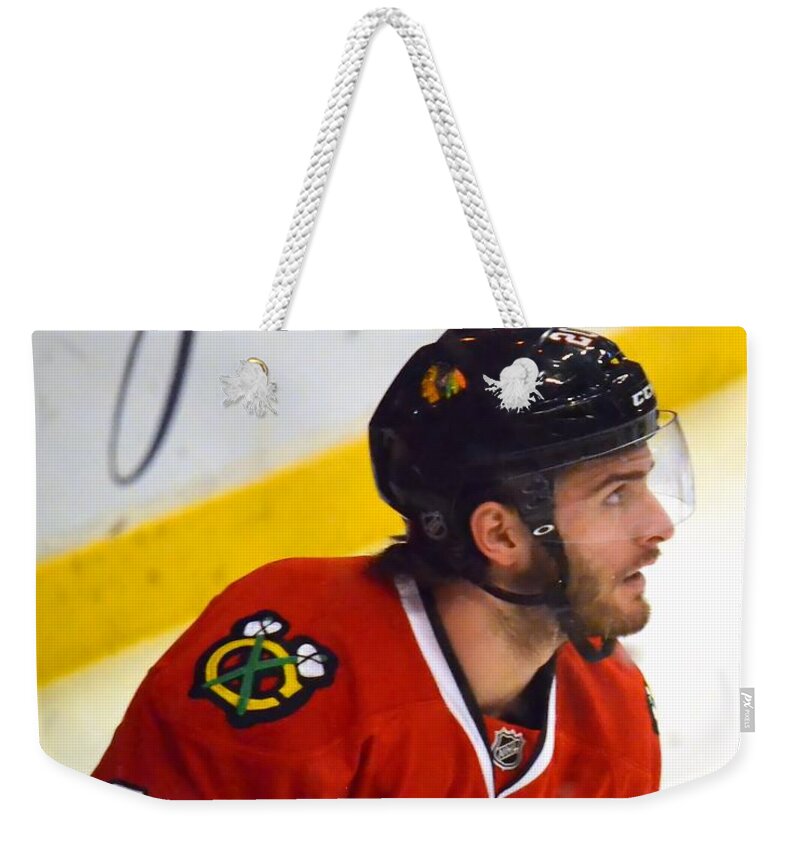 Brandon Saad Weekender Tote Bag featuring the photograph Playoff Saad by Melissa Jacobsen