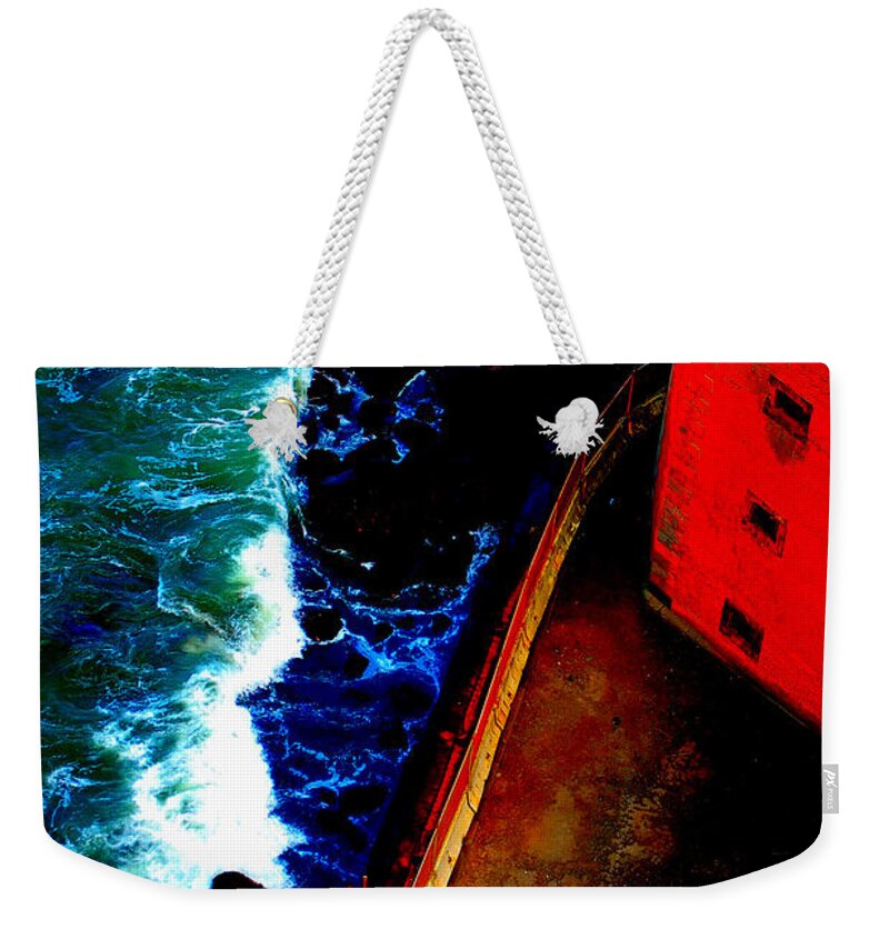 Looking Down Golden Gate Bridge Fort Waves Crashing Water Ocean Rocks San Francisco Ca Weekender Tote Bag featuring the photograph Plunging from Golden Gate by Holly Blunkall
