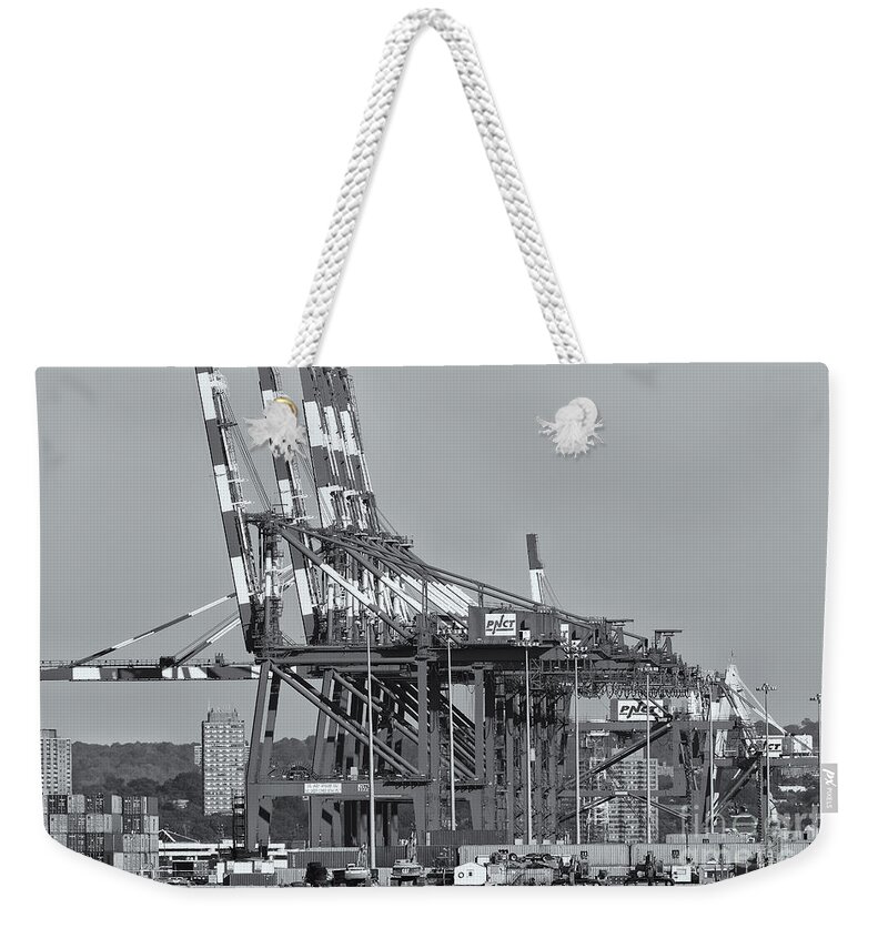 Clarence Holmes Weekender Tote Bag featuring the photograph PNCT Facility in Port Newark-Elizabeth Marine Terminal II by Clarence Holmes
