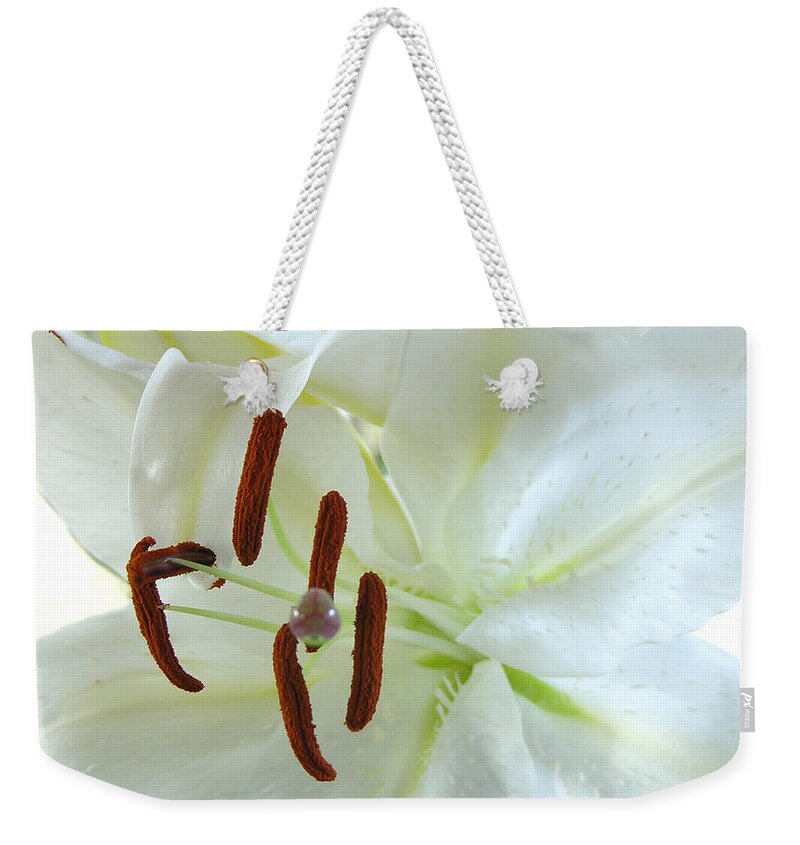 Photography Weekender Tote Bag featuring the photograph Pollinated white tiger lily by Julianne Felton