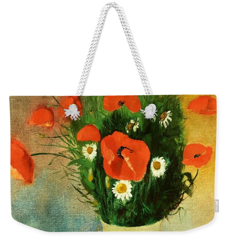Flowers; Poppy; Daisy; Vase; Arrangement Weekender Tote Bag featuring the painting Poppies and Daisies by Odilon Redon