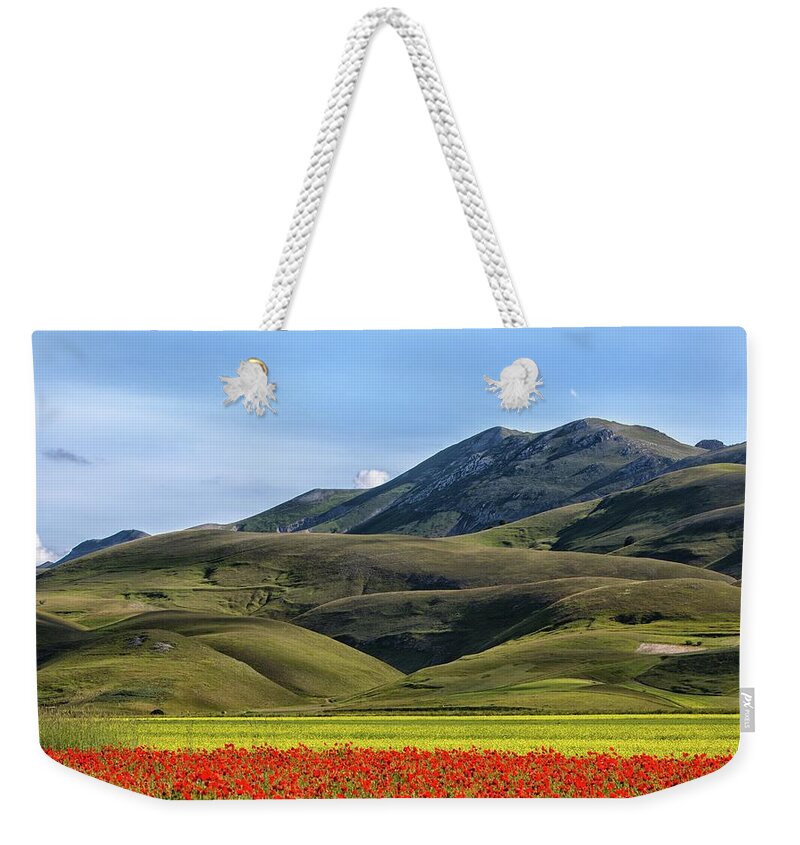 Tranquility Weekender Tote Bag featuring the photograph Poppies And Mountains by Photographer Antonio Zaccagnino