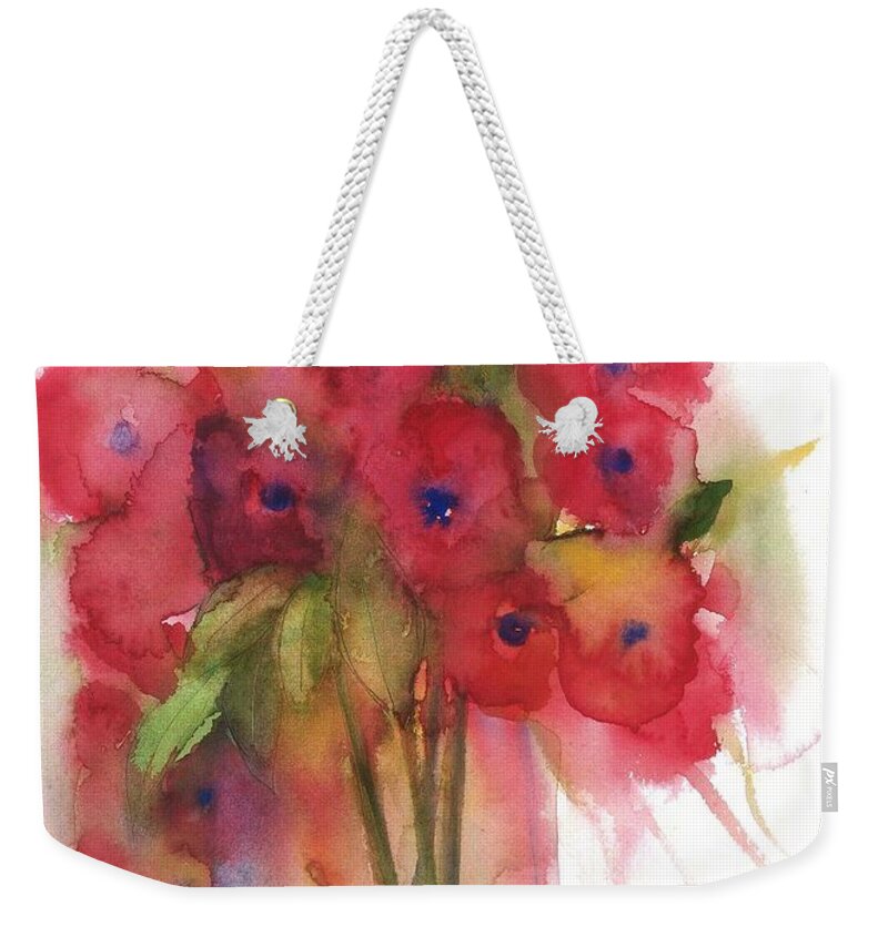 Red Poppies Weekender Tote Bag featuring the painting Poppies by Sherry Harradence