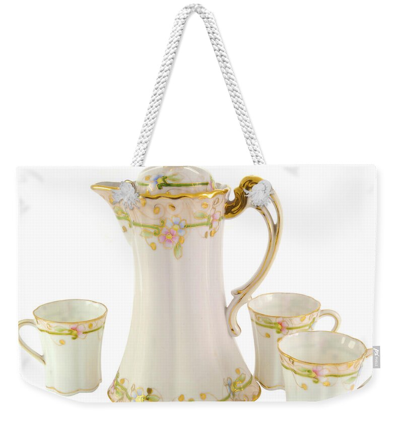 Pitcher Weekender Tote Bag featuring the photograph Porcelain Pitcher and Cups by Lynn Hansen