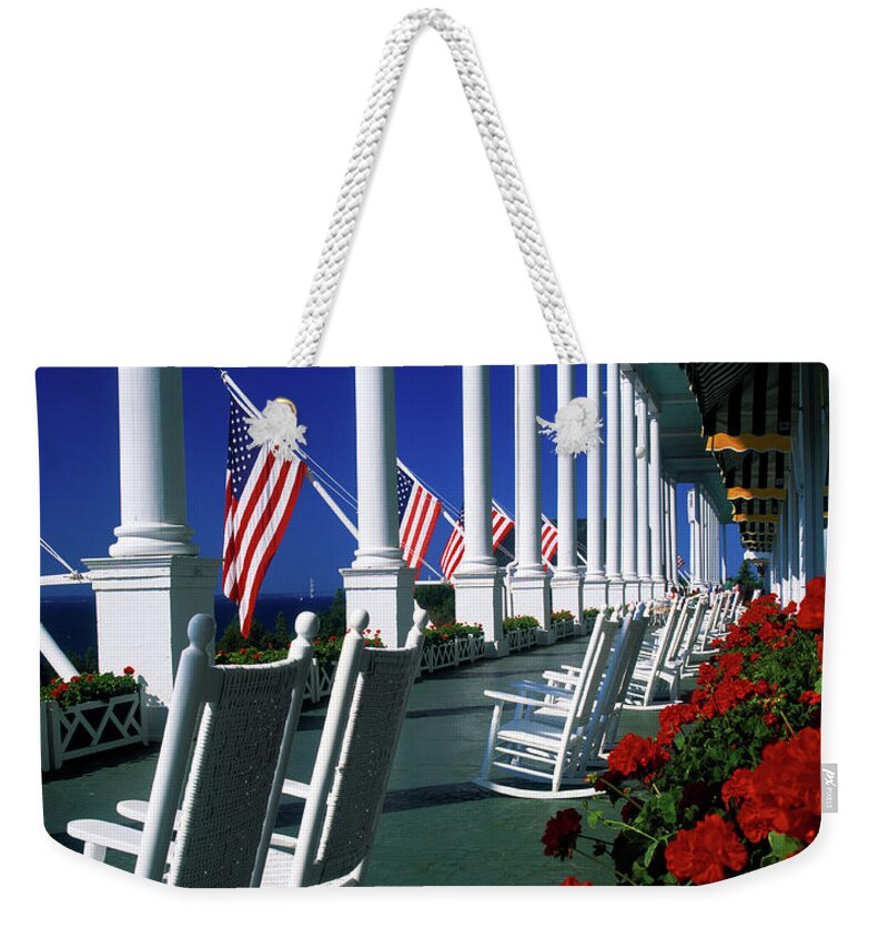 Photography Weekender Tote Bag featuring the photograph Porch Of The Grand Hotel, Mackinac by Panoramic Images