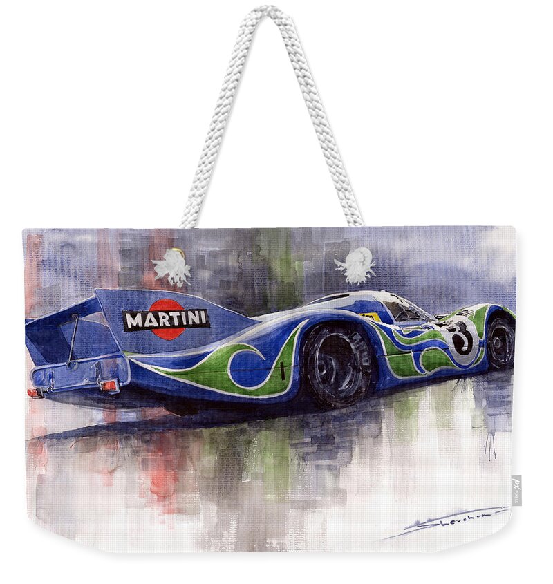 Shevchukart Weekender Tote Bag featuring the painting Porsche 917 Psychodelic by Yuriy Shevchuk