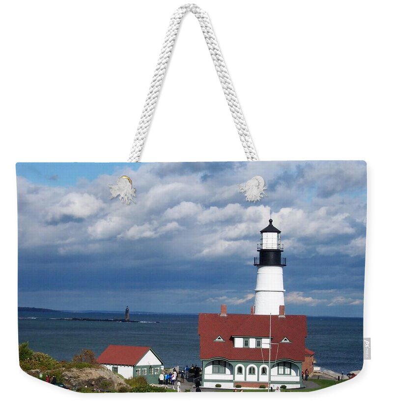 Portland Headlight Weekender Tote Bag featuring the photograph Portland Headlight by Catherine Gagne