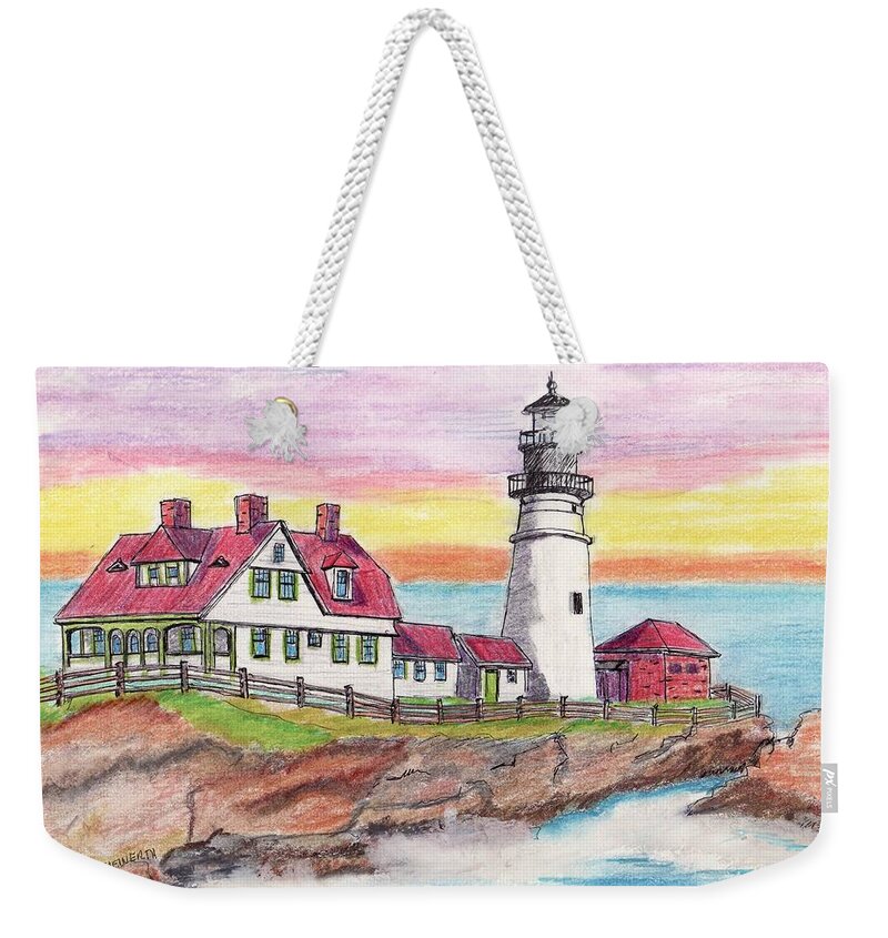 Paul Meinerth Artist Weekender Tote Bag featuring the drawing Portland ME Lighthouse by Paul Meinerth