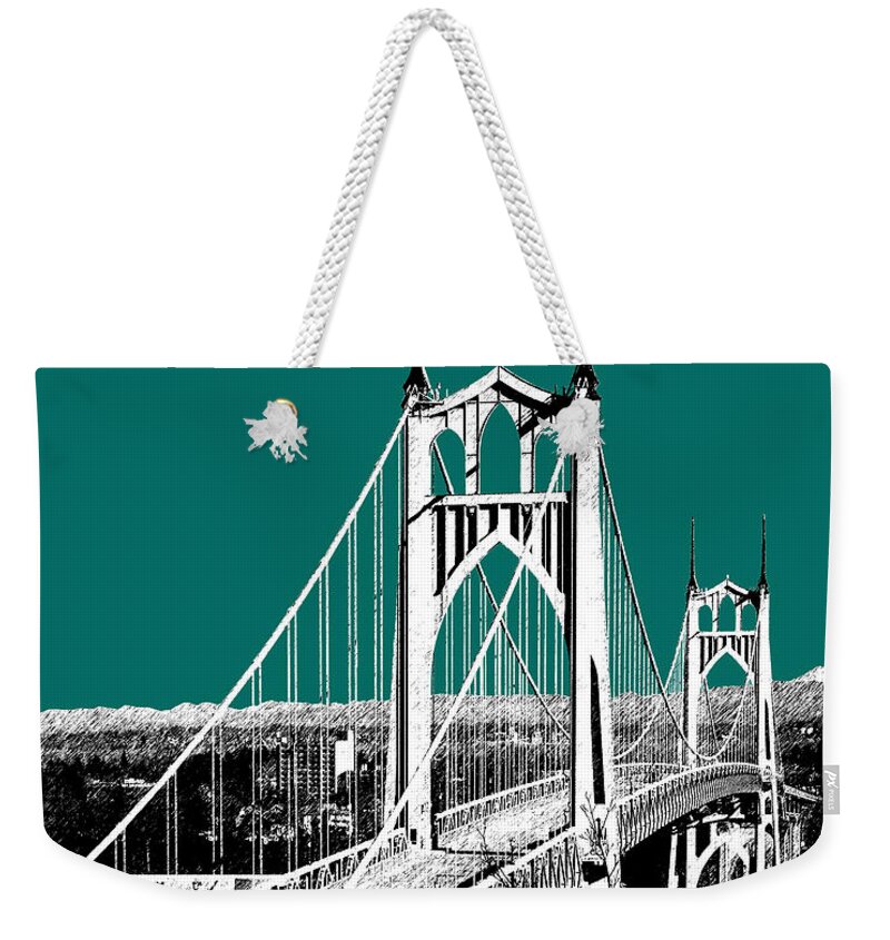 Architecture Weekender Tote Bag featuring the digital art Portland Skyline St. Johns Bridge - Sea Green by DB Artist