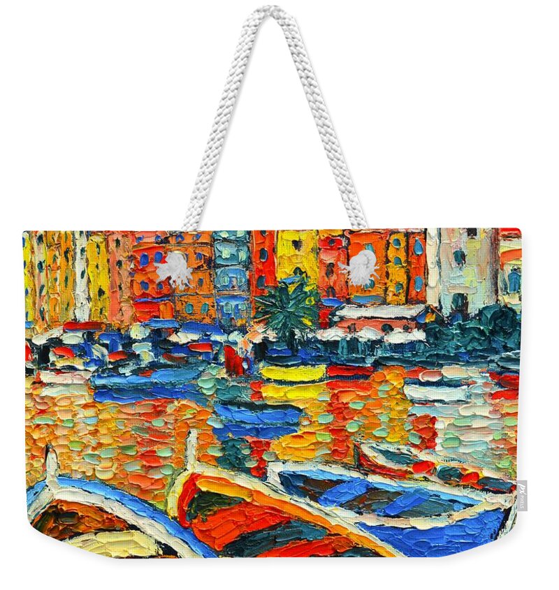 Portovenere Weekender Tote Bag featuring the painting Portovenere Harbor - Italy - Ligurian Riviera - Colorful Boats And Reflections by Ana Maria Edulescu