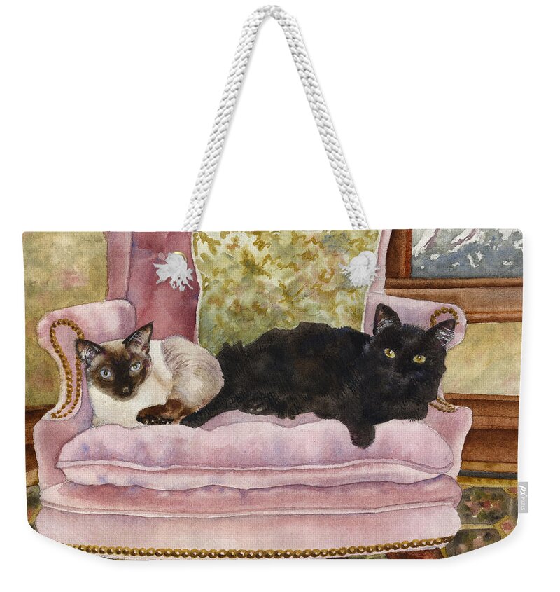 Cats Painting Weekender Tote Bag featuring the painting Portrait in Pink by Anne Gifford