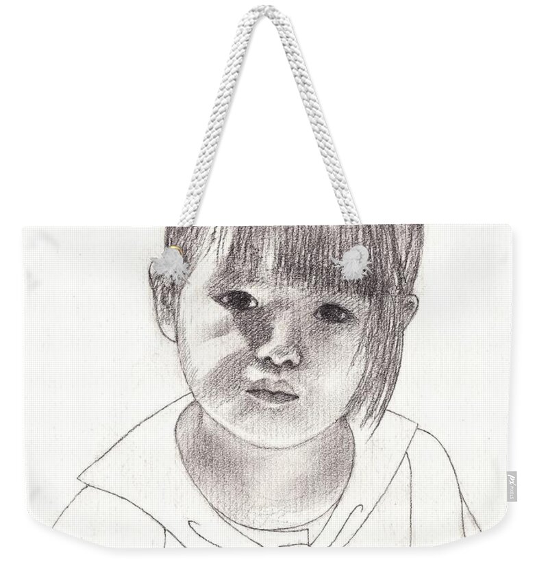 Girl Weekender Tote Bag featuring the drawing Portrait of a Girl by Kazumi Whitemoon