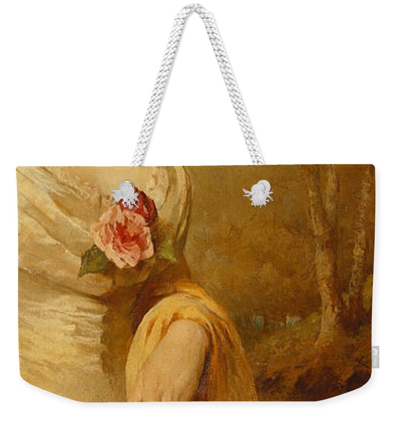 British Weekender Tote Bag featuring the painting Portrait of a Lady in a White Dress by George Elgar Hicks