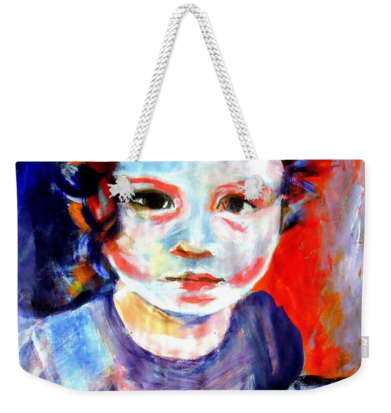 Affordable Original Paintings Weekender Tote Bag featuring the painting Portrait of a little girl by Helena Wierzbicki