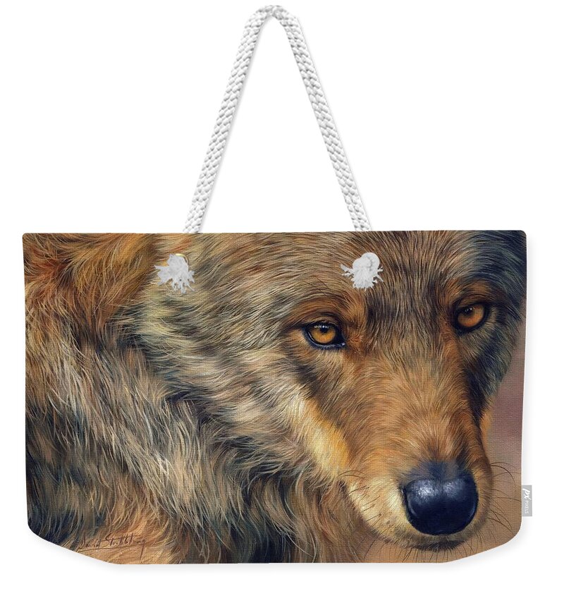 Wolf Weekender Tote Bag featuring the painting Portrait of a Wolf by David Stribbling