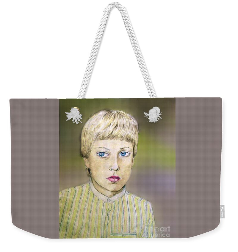 Portrait Weekender Tote Bag featuring the painting Portrait of Justin age 9 by Joan-Violet Stretch