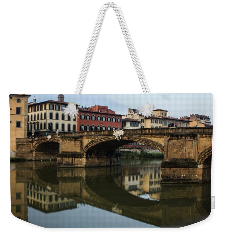 Georgia Mizuleva Weekender Tote Bag featuring the photograph Postcard from Florence - Arno River and Ponte Santa Trinita by Georgia Mizuleva