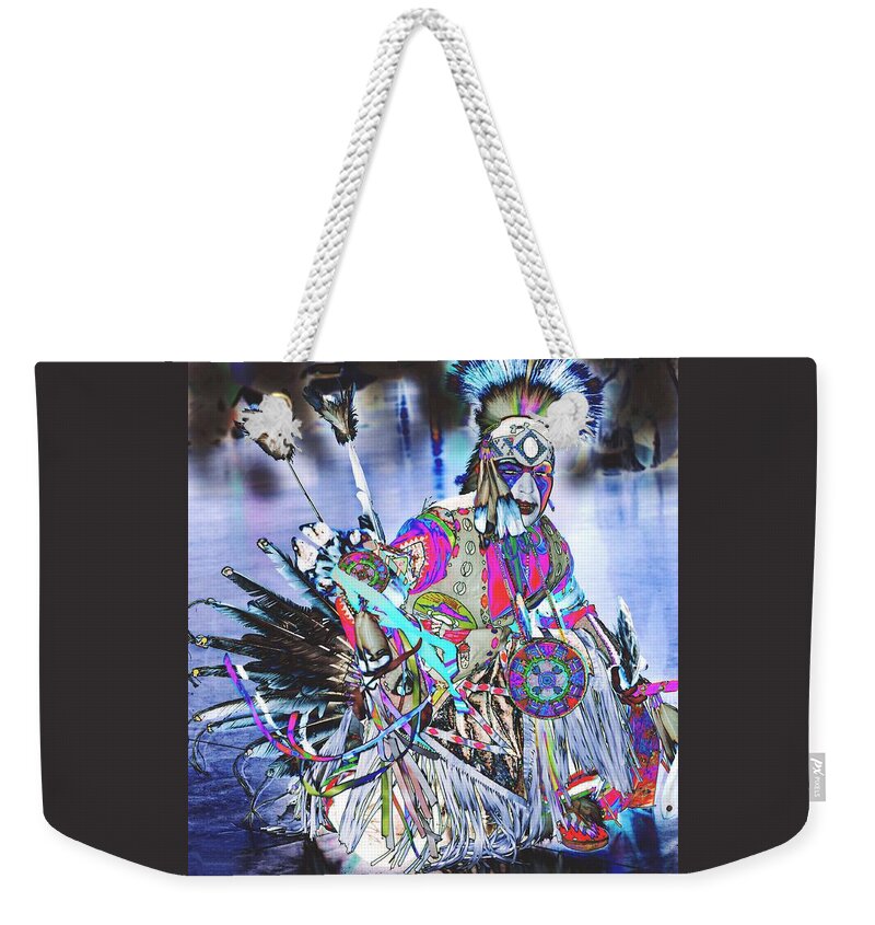 American Indian Weekender Tote Bag featuring the digital art Powwow dancer in Warrior Regalia by Kae Cheatham