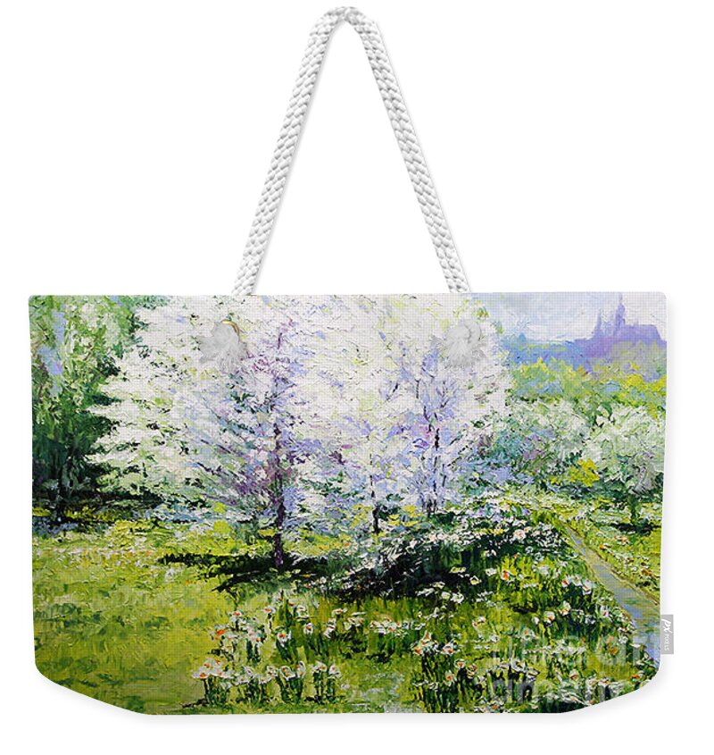 Oil Weekender Tote Bag featuring the painting Prague Spring in the Petrin gardens by Yuriy Shevchuk
