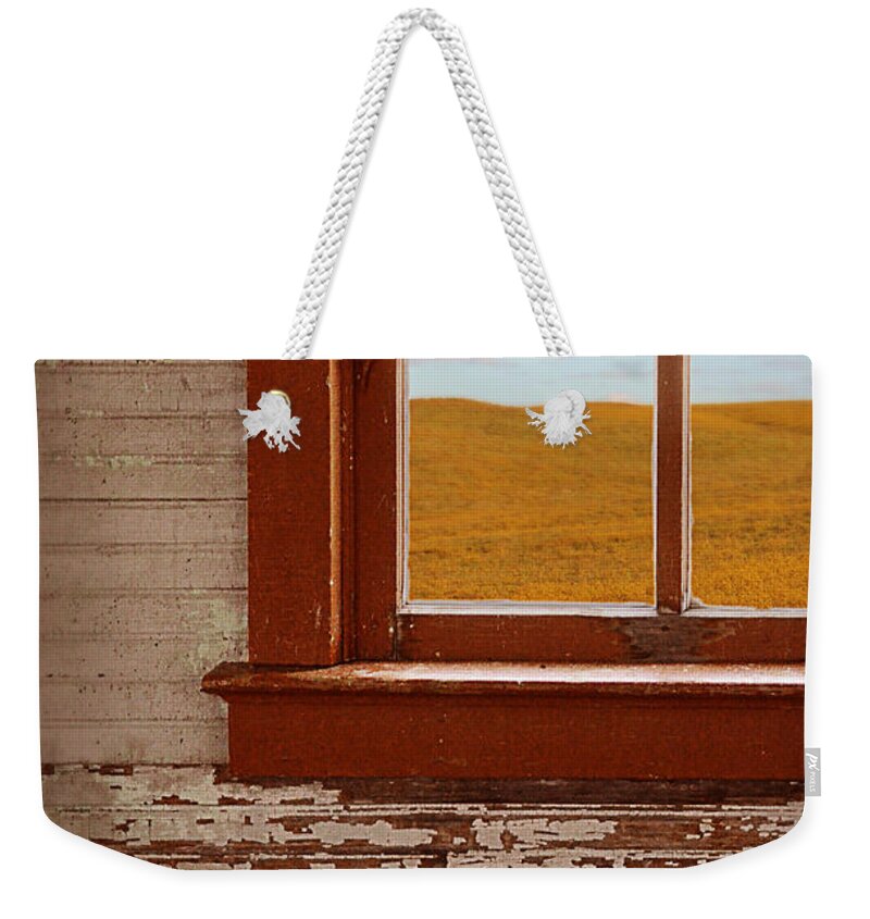 Window Weekender Tote Bag featuring the photograph Prairie View Out Window by Jill Battaglia