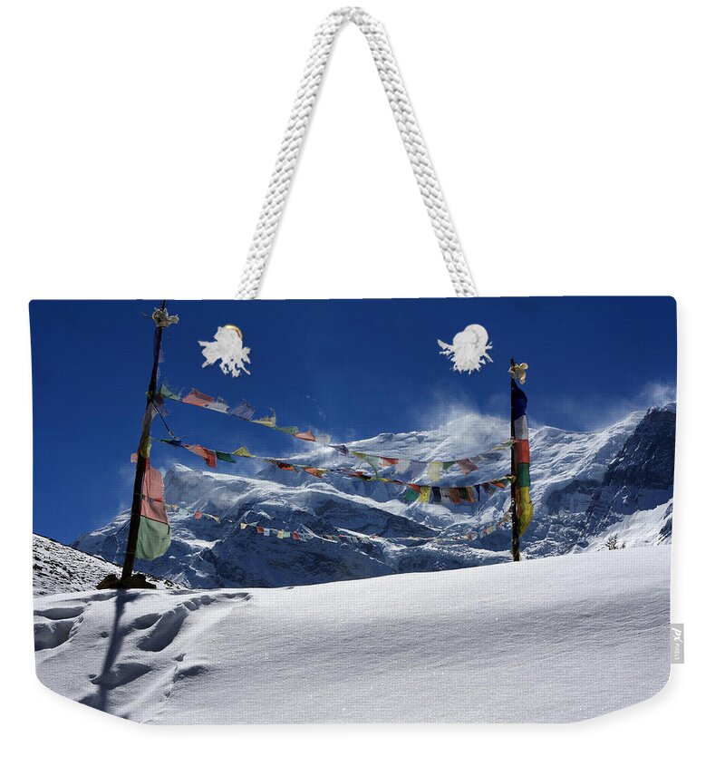 Himalayas Weekender Tote Bag featuring the photograph Prayer Flags At The Pass by Aidan Moran
