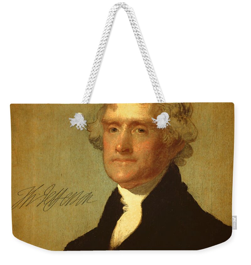 President Thomas Jefferson Portrait Signature Weekender Tote Bag featuring the mixed media President Thomas Jefferson Portrait and Signature by Design Turnpike
