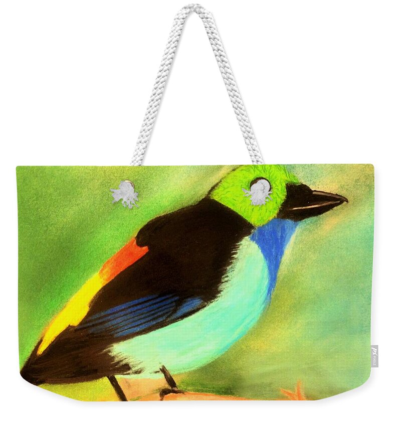 Bird Weekender Tote Bag featuring the pastel Pretty Paradise Tanager by Renee Michelle Wenker