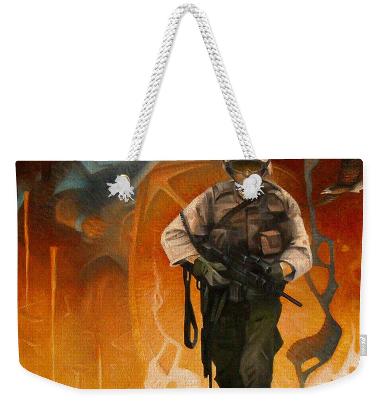 Military Weekender Tote Bag featuring the painting Protected By A Wall Of Fire by T S Carson