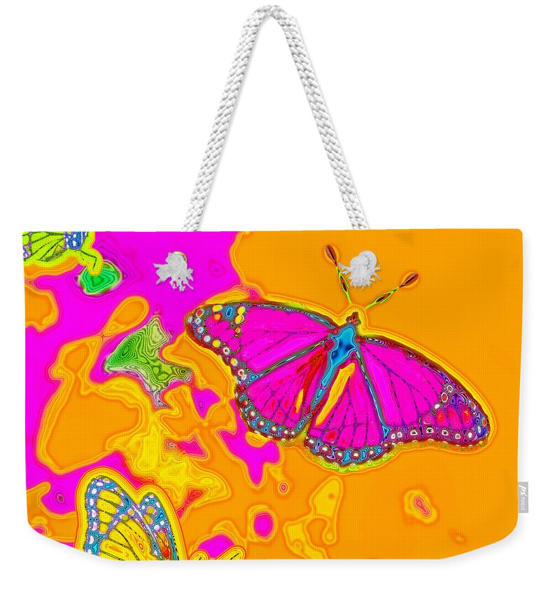 Pink Weekender Tote Bag featuring the digital art Psychedelic Butterflies by Marianne Campolongo
