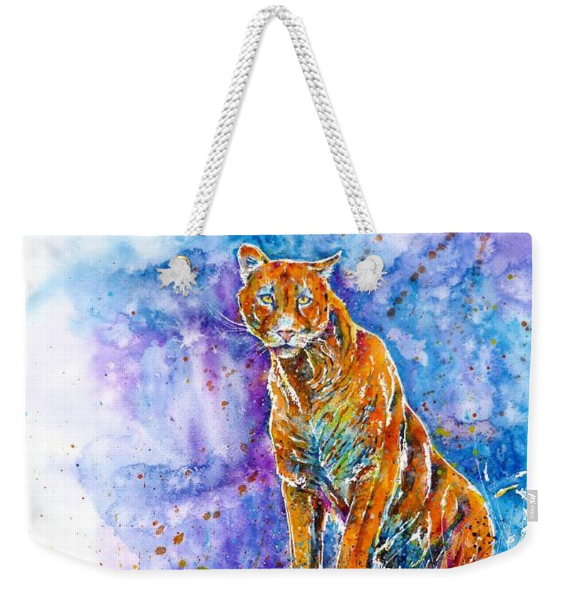 Cougar Weekender Tote Bag featuring the painting Puma. Listening to the sounds of the mountains. by Zaira Dzhaubaeva